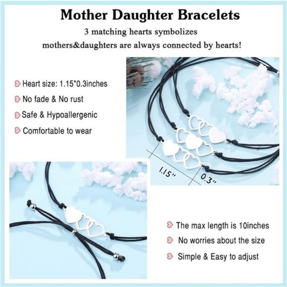 Mother Daughter Charm‎ Bracelets Set of 3 - Matching Heart Wish Bracelets - Picture 3 of 6